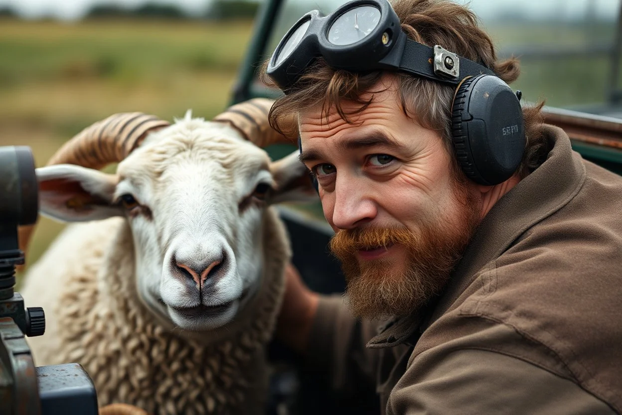 a portrait of a head mechanic, with a hybrid mixed body part sheep, fixing (close up old land rover 4x4) in the countryside