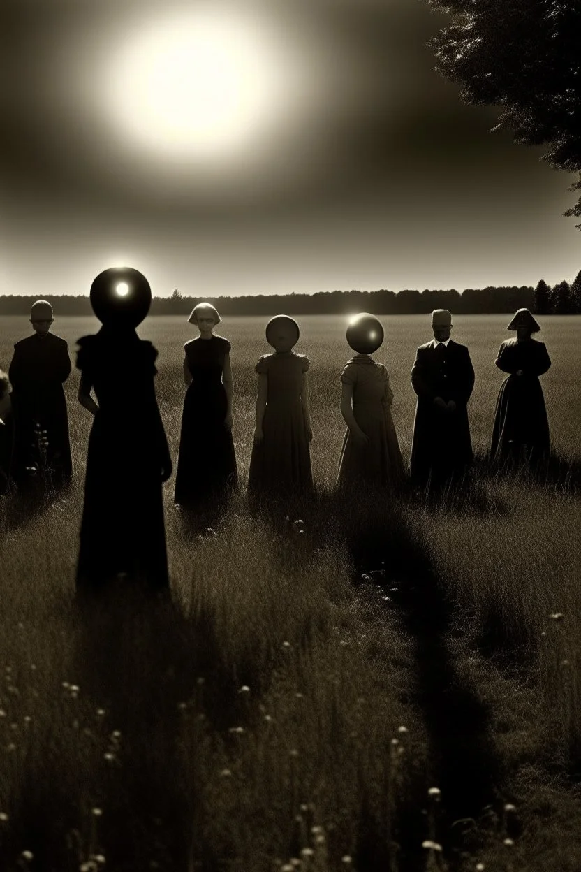 a 1900's photograph of aliens in a field watching a total eclipse of the sun