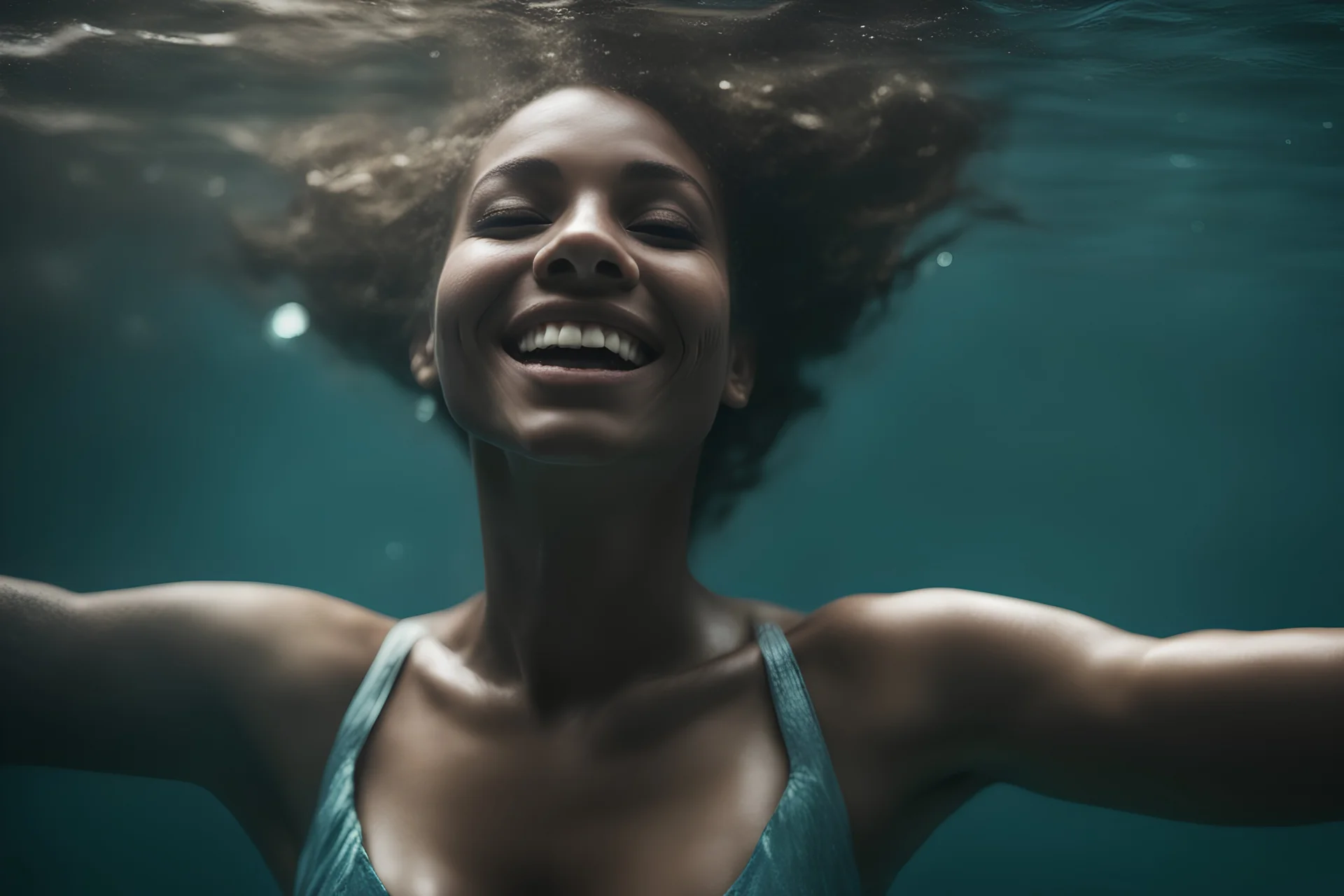 Photoreal underwater shot of gorgeous smiling Aquamarine triton ranger woman swimming under water with Aquamarine scaled Aquamarine skin smiling under water by lee jeffries, otherworldly creature, in the style of fantasy movies, photorealistic, shot on Hasselblad h6d-400c, zeiss prime lens, bokeh like f/0.8, tilt-shift lens 8k, high detail, smooth render, unreal engine 5, cinema 4d, HDR, dust effect, vivid colors