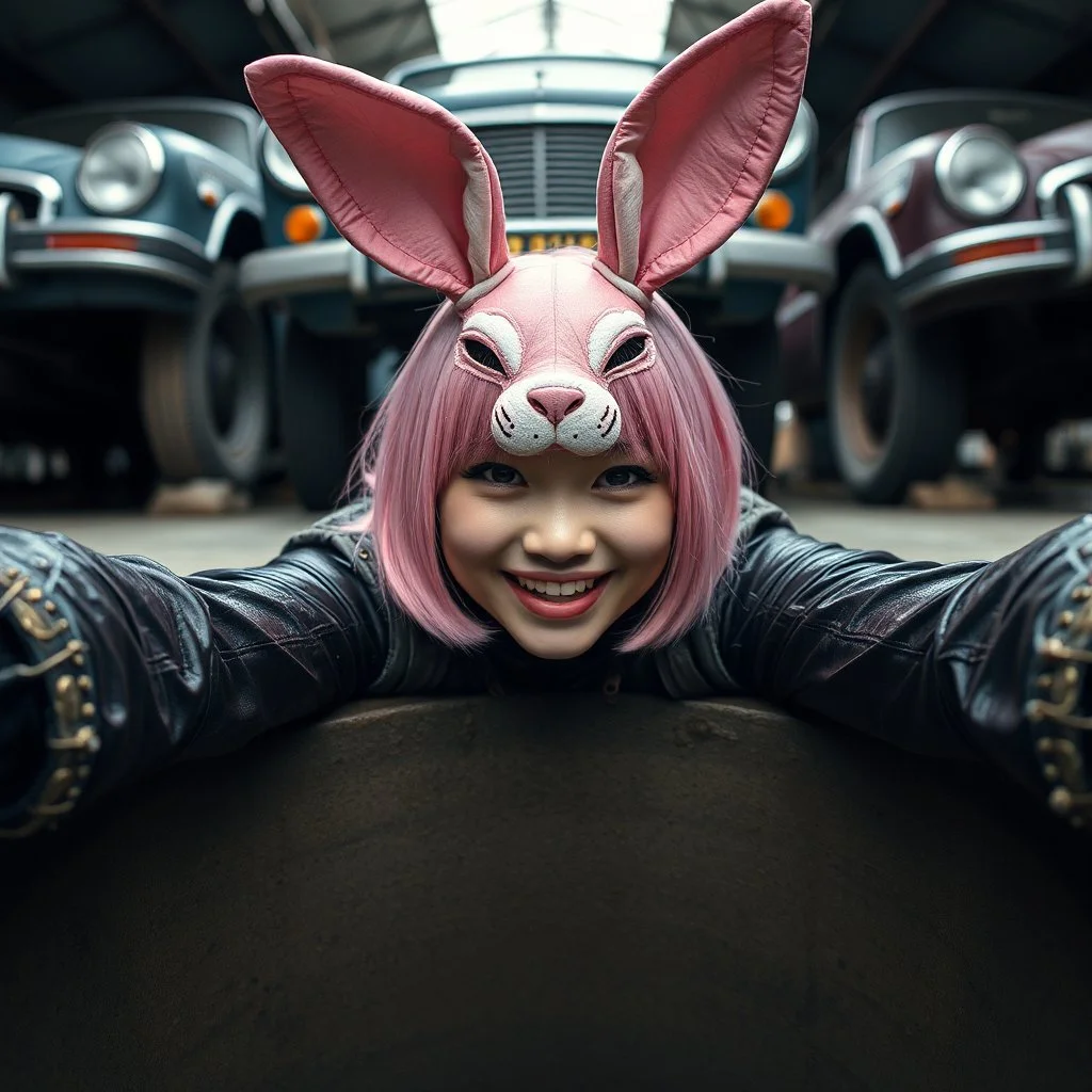 Closeup Goth Asian woman smiling, lying pose, rabbit mask, pink short hair, latex suit, ragged clothes, fullbody, dieselpunk, valves and old cars behind, the perspective looking up from the bottom of an empty well , 8k,macro photography,