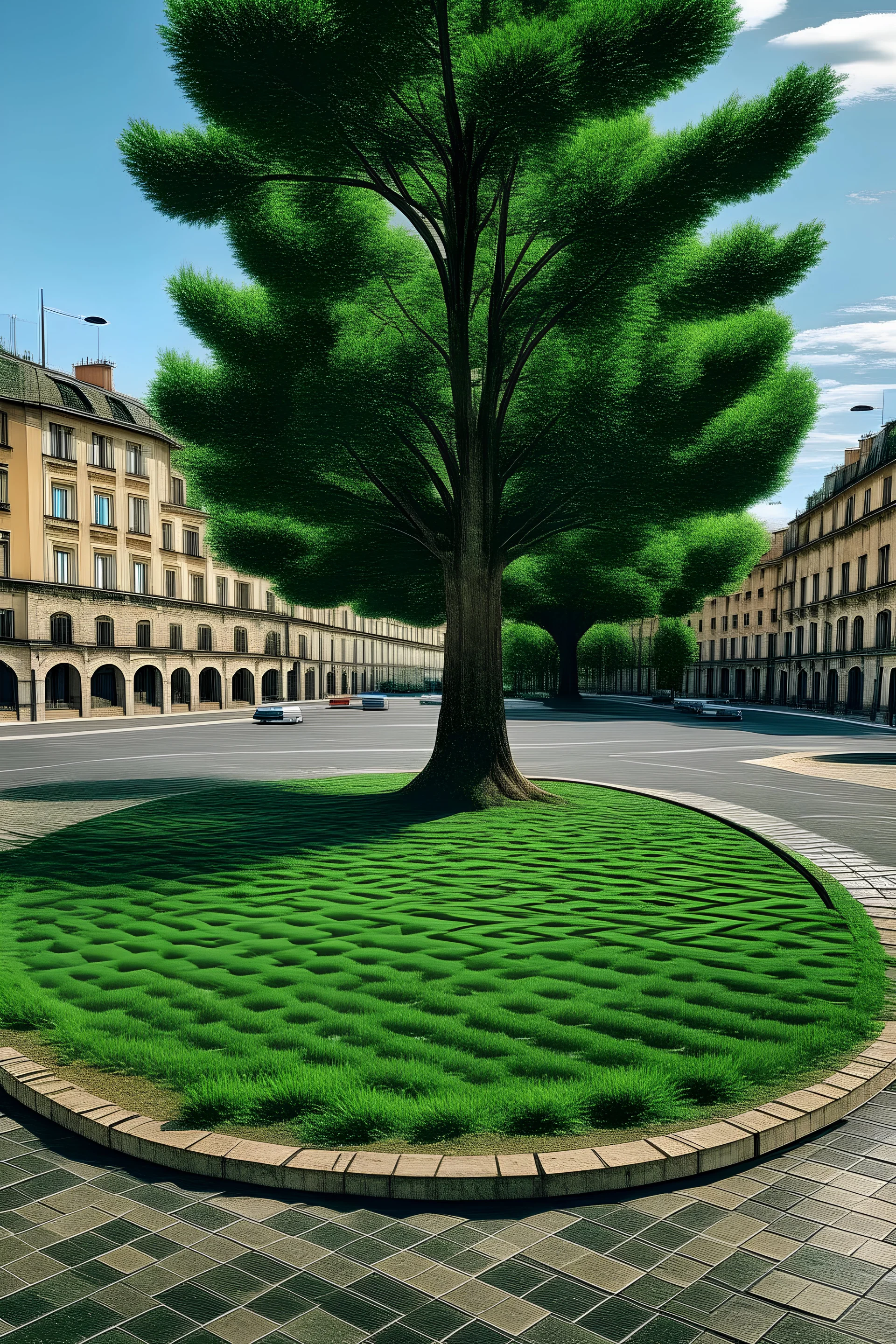 a tree standing in a circle of grass in the middle of a tile road in the city