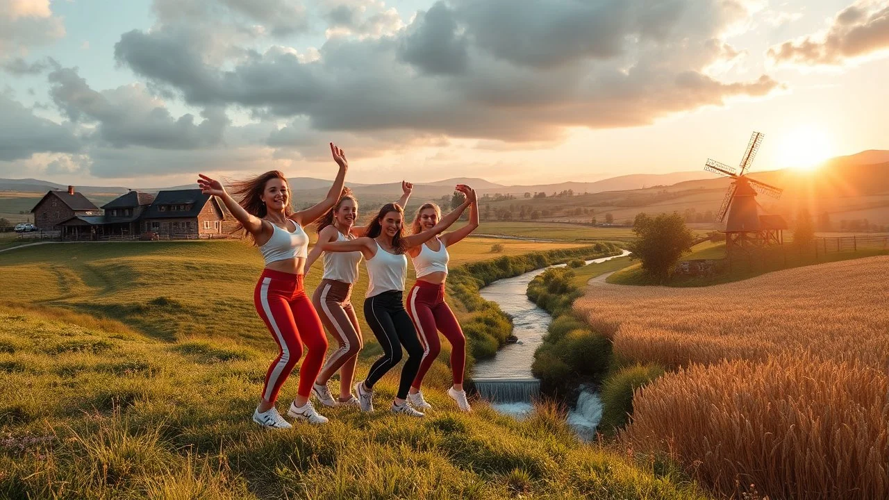 a group of young ladies in sports pants and blouse are dancing to camera in village over high grassy hills,a small fall and river and wild flowers at river sides, trees houses ,next to Ripe wheat ready for harvest farm,windmill ,cloudy sun set sky