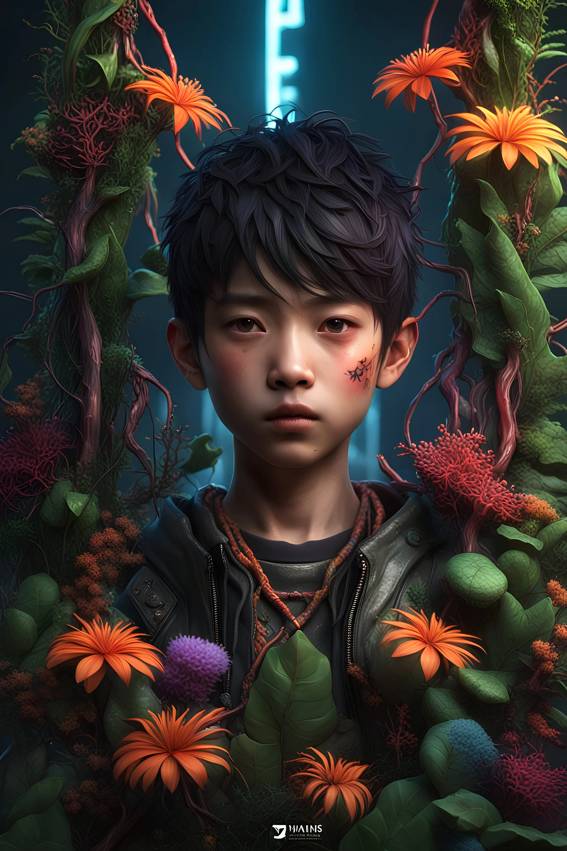 Expressively detailed and intricate 3d rendering of a hyperrealistic: asian boy, cyberpunk plants and flowers, neon, vines, flying insect, front view, dripping colorful paint, tribalism, gothic, shamanism, cosmic fractals, dystopian, dendritic, artstation: award-winning: professional portrait: atmospheric: commanding: fantastical: clarity: 16k: ultra quality: striking: brilliance: stunning colors: amazing depth