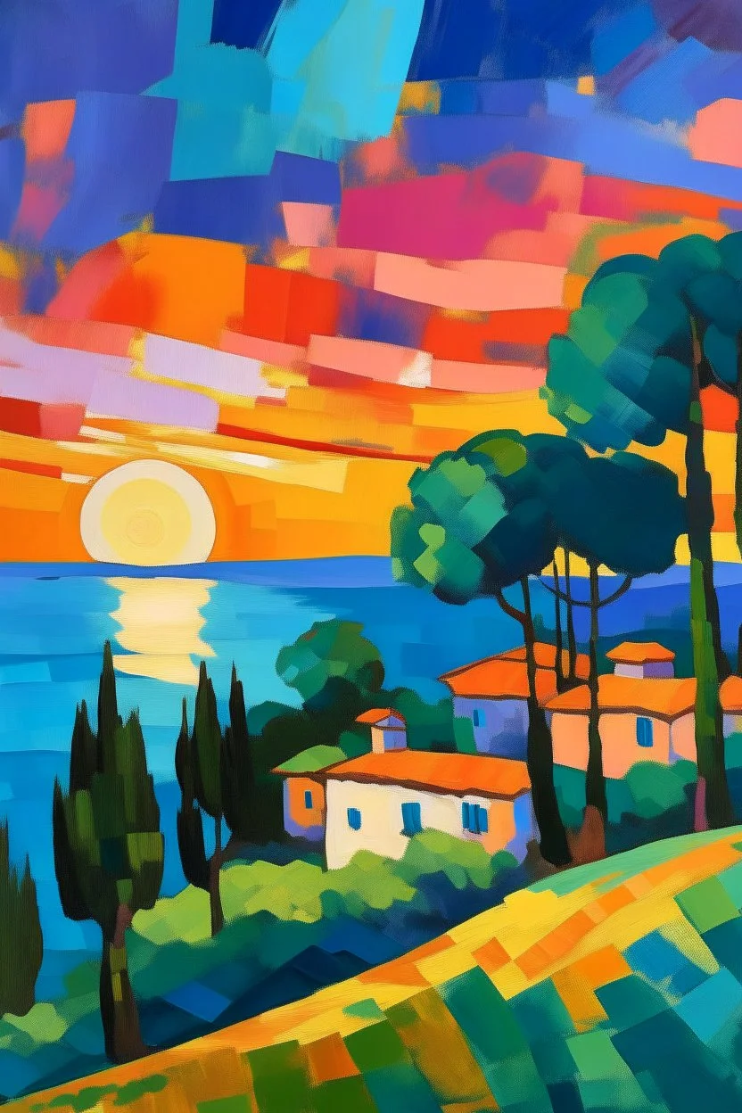 Sunset over south of France in the style of cezanne