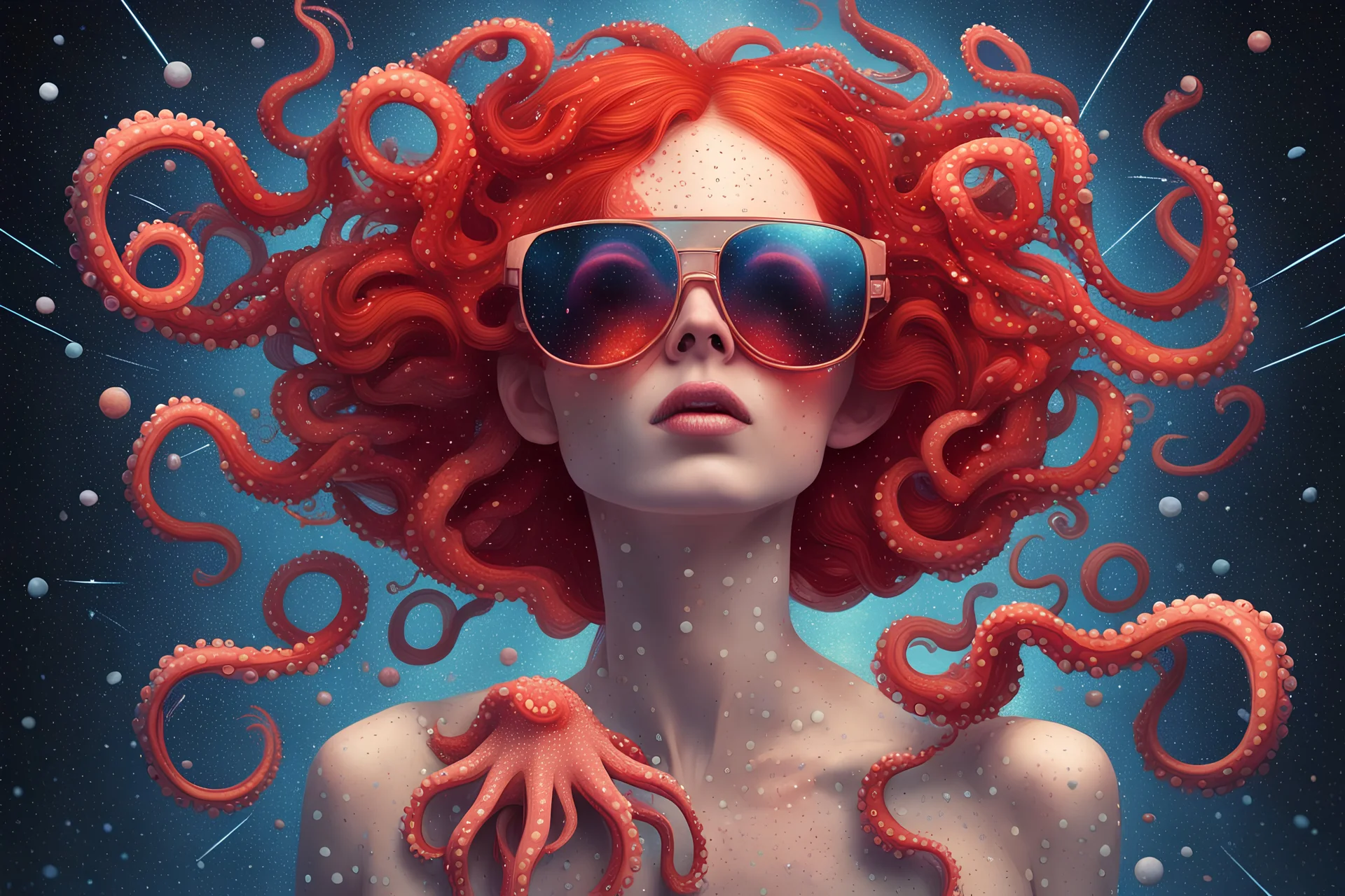 skinny woman clutching an octopus, red hair, octopus on head, falling comets, reflective sunglasses, heavy rain, outer space, shooting stars, dramatic light, laser beams, space war, battlefield face made of dots, pointillism, dotted multicolored shapes, symmetrical, digital art, hologram, virtual reality, digitized structure, ultra detailed, 3d render, trending on, by addiedigi