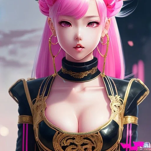 Detailed cute anime Kunoichi girl, pink hair buns, pink bangs, black latex bodysuit, intricate details, full body portrait, keep head in frame, slight smile, black Japanese motif, concept art, highly detailed, digital painting, concept art, sharp focus, illustration, art by Yoji Shinkawa, WLOP and greg rutkowski and alphonse mucha and artgerm and yanjun Chen and Junji ito and Makoto Shinkai, HDR, octane render