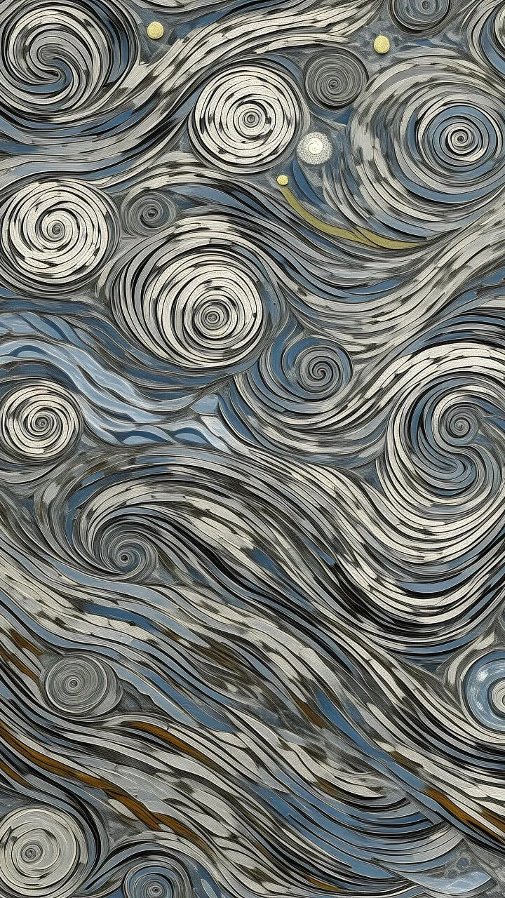 A gray chaotic dimension with swirls designed in Ica stones painted by Vincent van Gogh