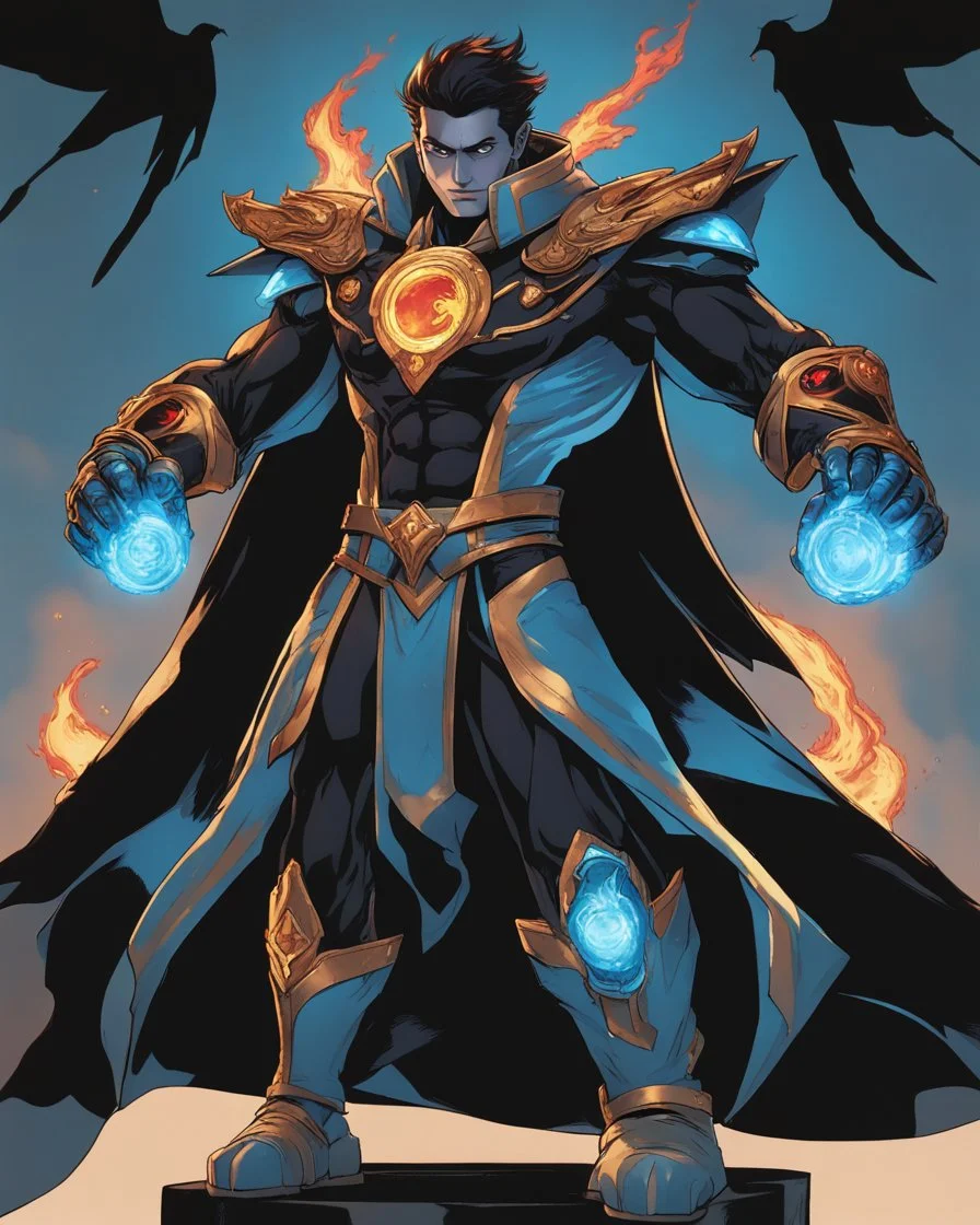 A 25 years boy persian in matte black robes with flaming eyes with grin with flaming light blue pupils stands atop a squire Two infinity gauntlets contain six infinity stones, one of which is made with nano In the hands of a powerful man walking While standing on a majestic height from afar With two big wings