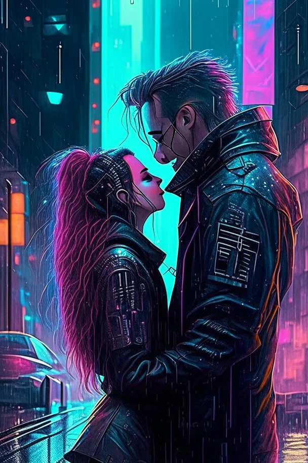 Science fiction, cyberpunk, city street, couple girl and guy, together, love, kiss in the rain