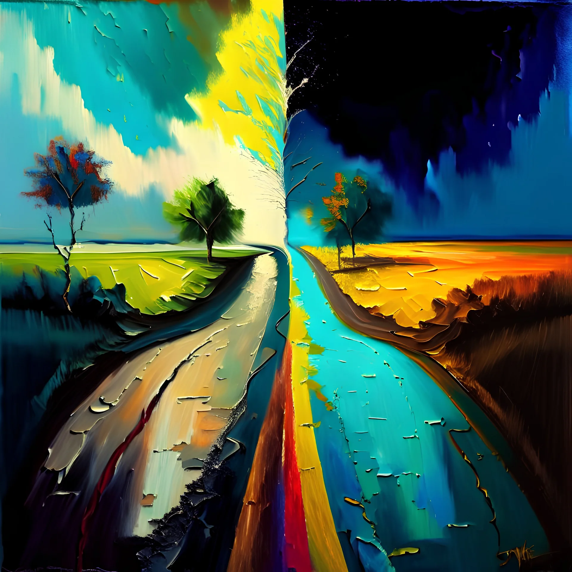 two roads diverged , art, oil colors, bright