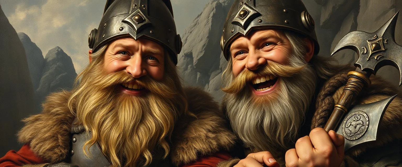 master oil painting by Rembrandt, family portrait two smiling bad ass warrior clad muscle sturdy buildt deep rock metal towering dwarves in gritty metal helmets and in fine clothes and with ice picks laughing, seem from above