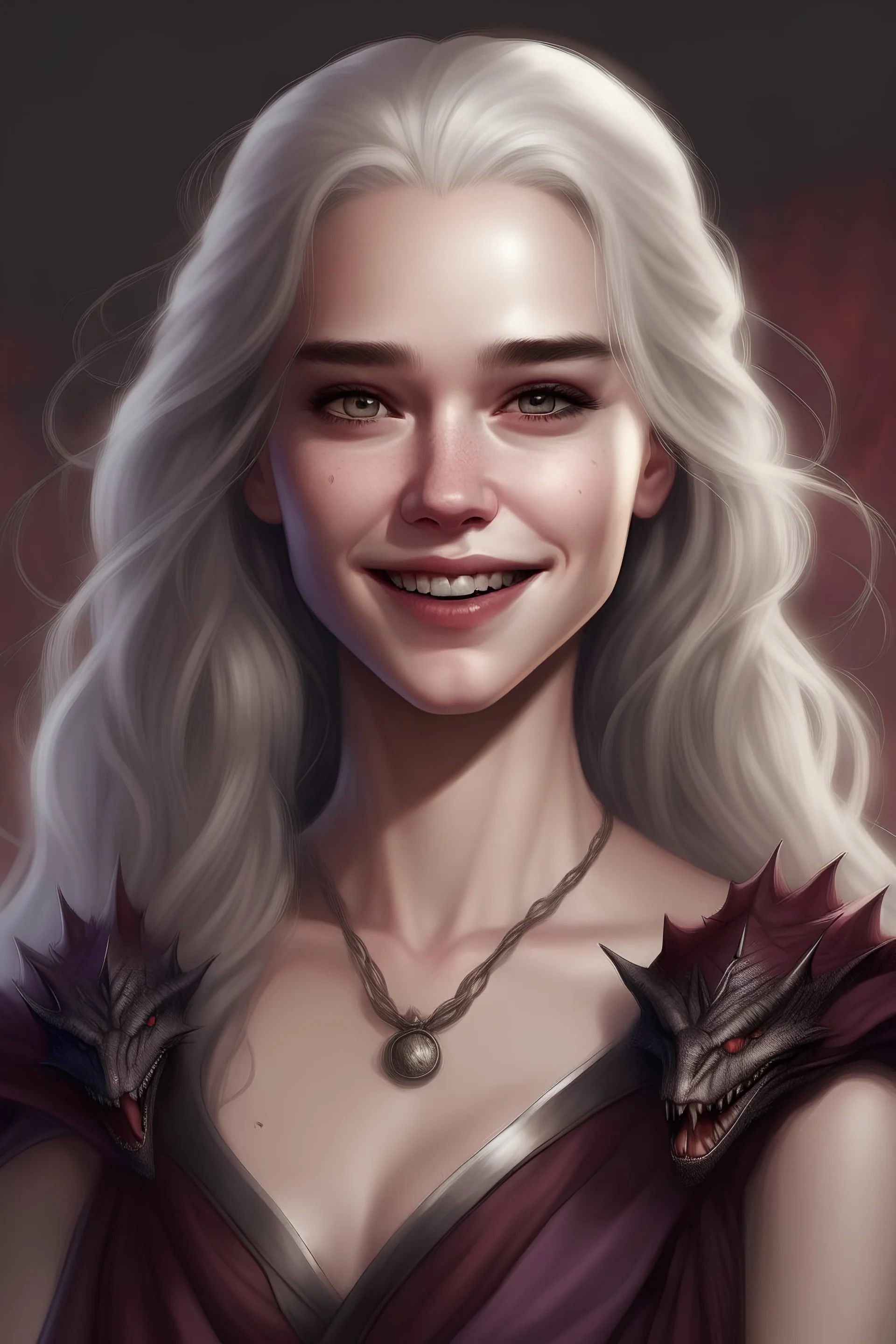 The 19-year-old Targaryen epitomizes Targaryen charm with her silver hair and lavender eyes. She has voluptuous breasts. She smiles straight ahead.