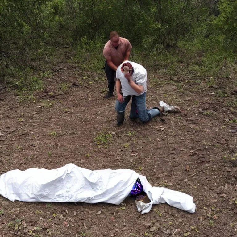 Dead body, with person standing over it crying