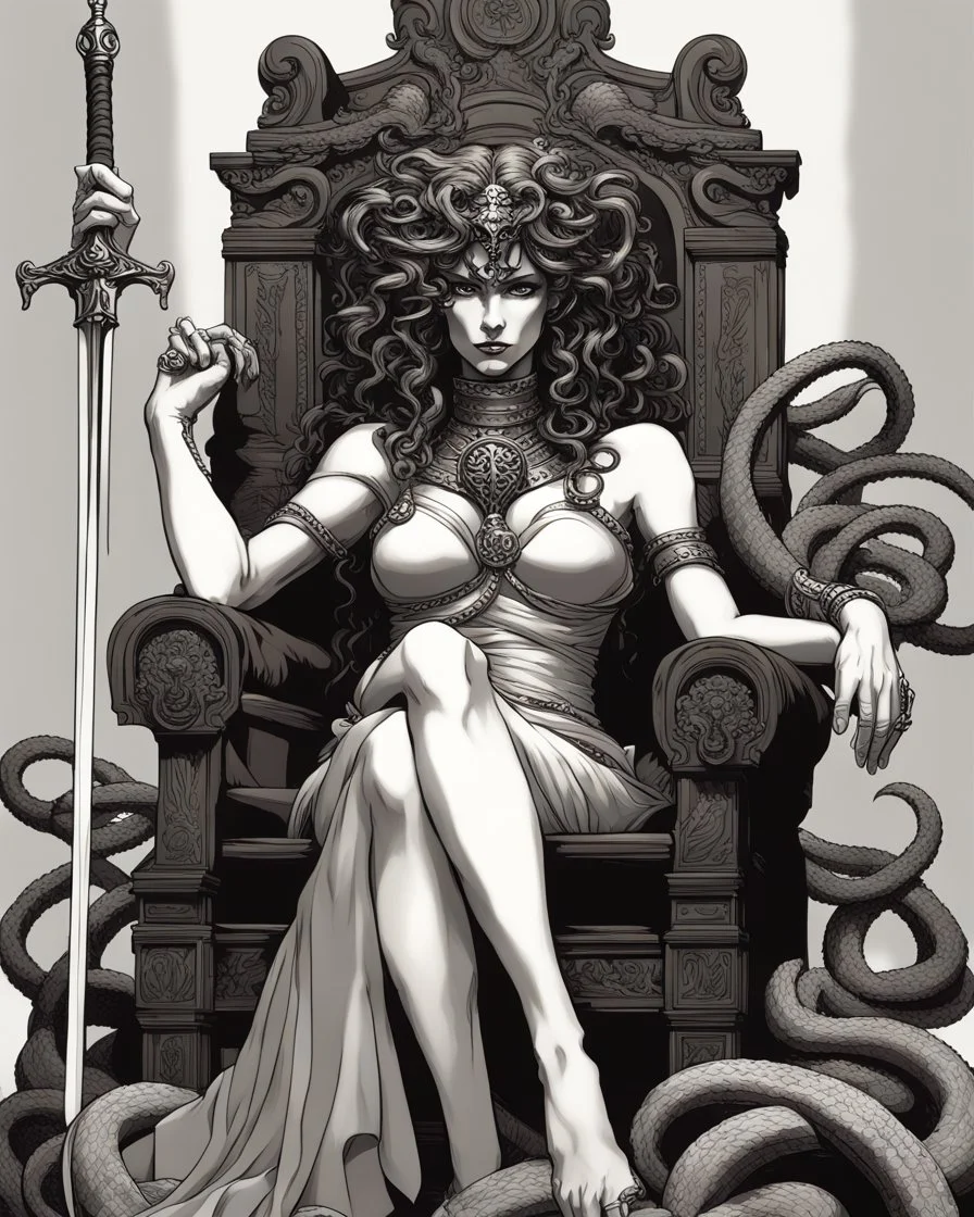 full-length, detailed persona, sword in hand, gorgon medusa, sitting on a throne in a relaxed pose