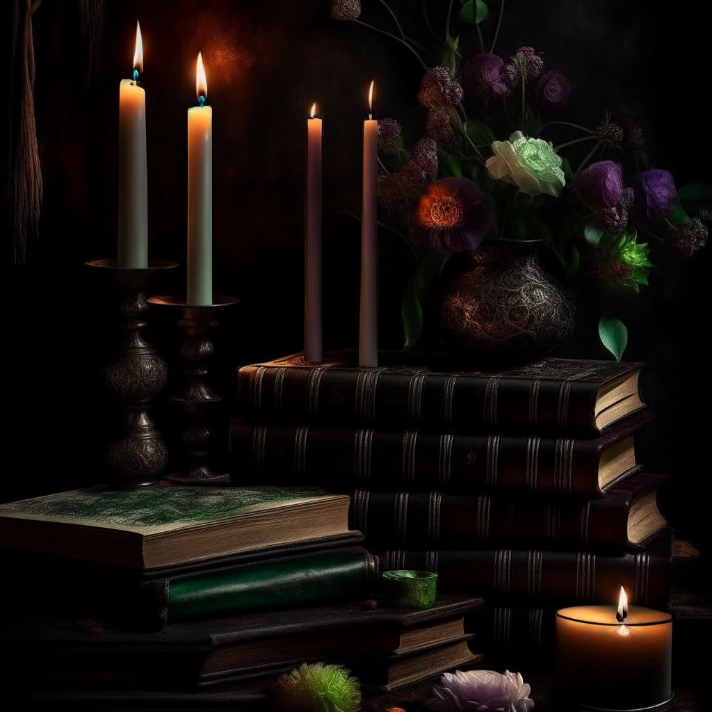 rave on books with flowers and lit candles dark moody art with browns green earthy tones, deep purples, hyper realistic maximalist concept art