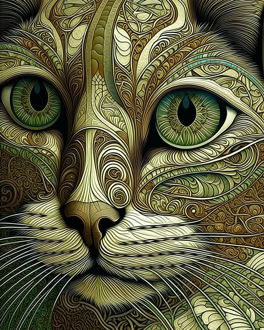 Detailed Surreal Portrait of Oriental blue and white tabby cat, with a triangular slender white face, large ears and green eyes by Gustav Klimt muted colors.