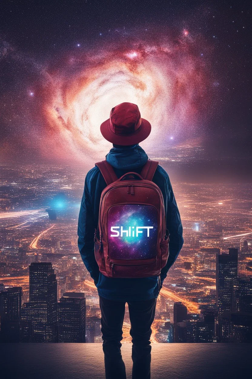 Supernova overlooking a city in the Milky Way galaxy with a person wearing a hat and a backpack with the Shift logo on it