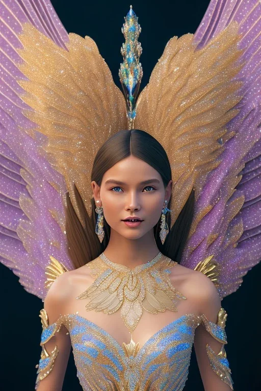 A portrait of a crystalline woman smiling, with wings, mythical,fantasy , magnificent, majestic, very happy, highly intricate, Realistic photography, incredibly detailed, ultra high resolution, 8k, complex 3d render, cinema 4d