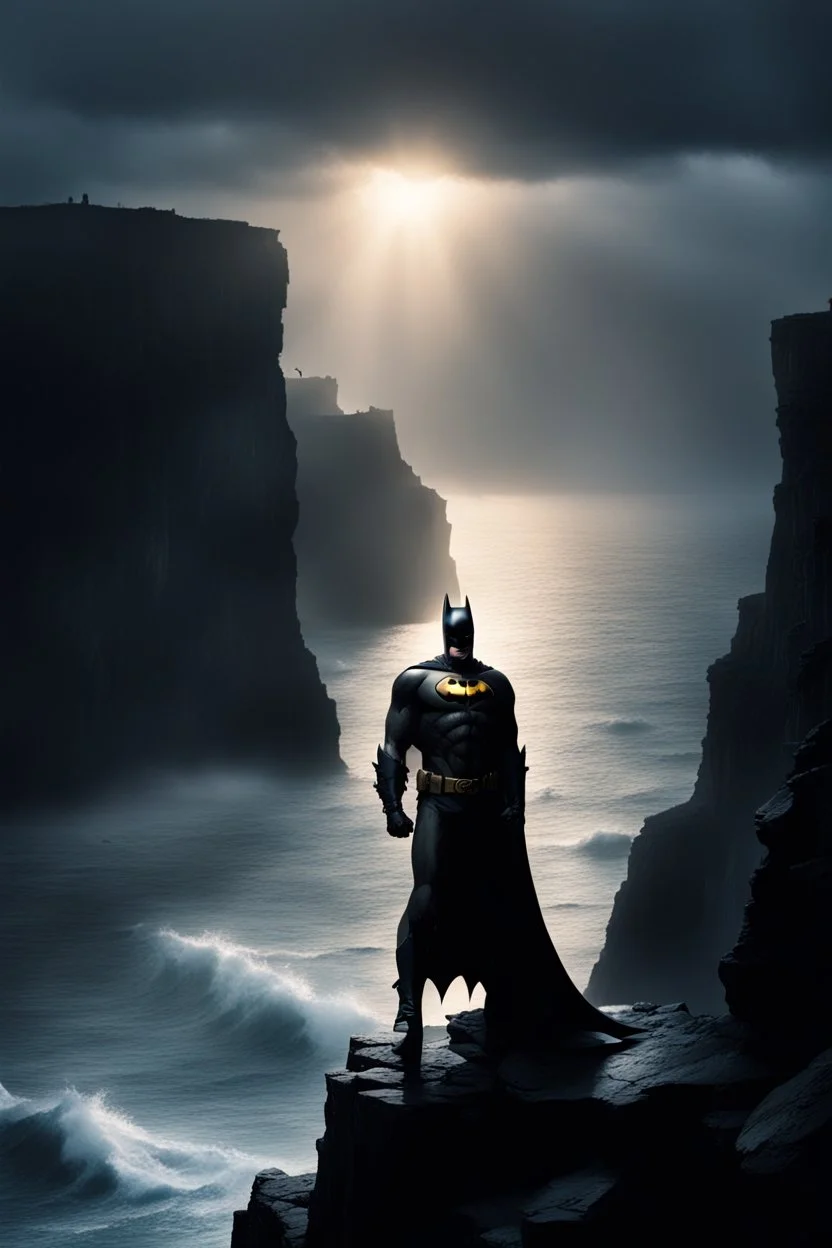 Batman standing on top of a cliff, dawn, light barely shining through, sea battering the cliff wall