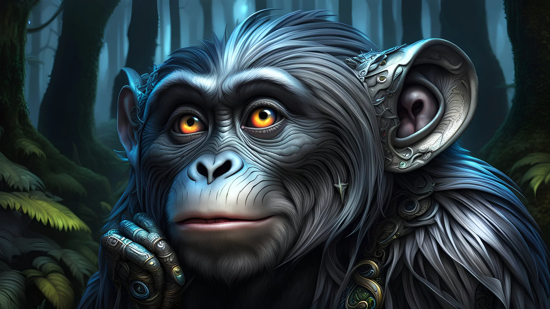 one monkey covering his eyes, one monkey covering his ears, one monkey covering his mouth, silver hour, wacky zany facial expression, intricate detail, sharp, colorful, iridescent, deep color, grey and black fairy forest, 8k resolution, trending on Artstation, glowing runes, zombiecore, H.R. Giger, dynamic lighting