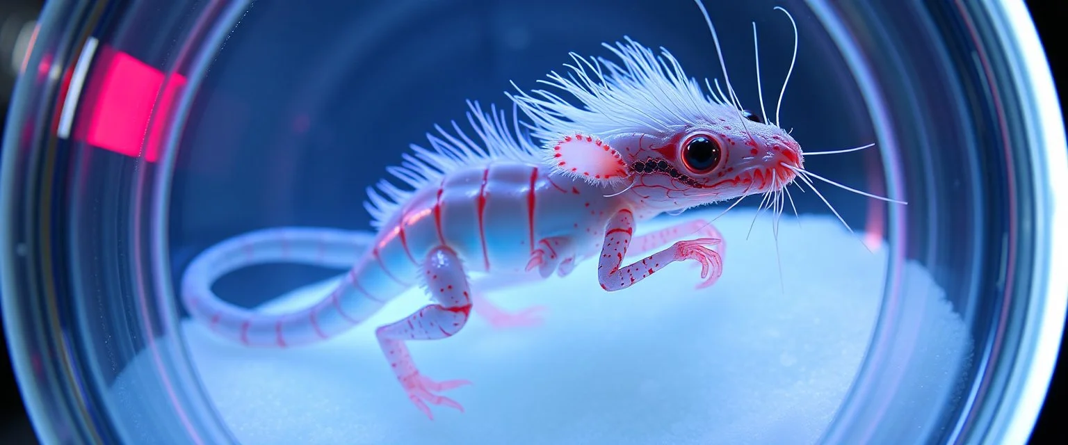 The image depicts fantastical charming vampire rat monkey squirrel snow soup, specifically a transparent with neon plasma aura, with a unique and whimsical appearance. The shrimp spider dragon is positioned in a circular frame, which suggests it might be inside a container or a vessel. The body is elongated and has a segmented appearance, with a detailed texture that gives it a realistic look. Its head is covered with white, spiky hair, adding to its fantastical charm. From the weird dragon lab