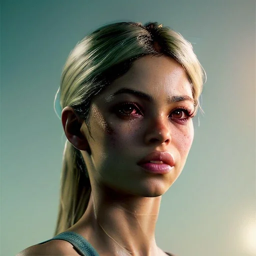 Shakira, artist, Realistic image, waist up portrait, eyes make up, perfect, glow, circle iris. concept art, smooth, unreal engine 5, god lights, ray tracing, RTX, lumen lighting, ultra detail, volumetric lighting, 3d, finely drawn, high definition, 4k.