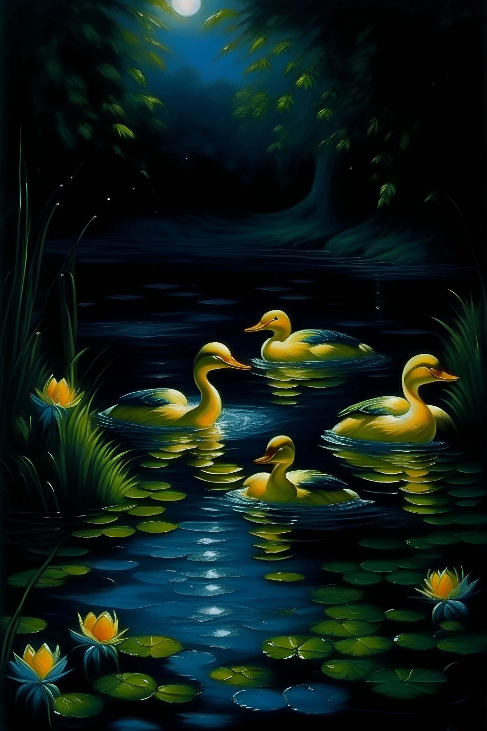 Painting of ducks in a pond at night