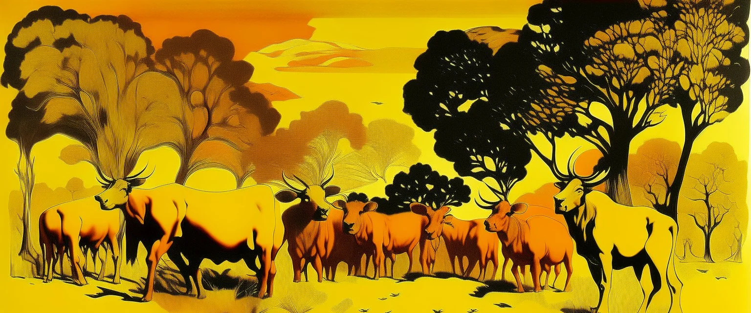 A golden yellow savanna with beasts painted by Andy Warhol