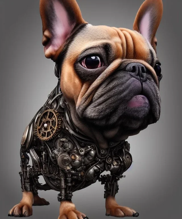 steampunk cybernetic biomechanical french bulldog, front facing, symmetric, very coherent symmetrical artwork, unreal engine realistic render, 8k, micro detail, intricate, elegant, highly detailed, centered, digital painting, artstation, smooth, sharp focus, illustration, artgerm, tomasz alen kopera, wlop