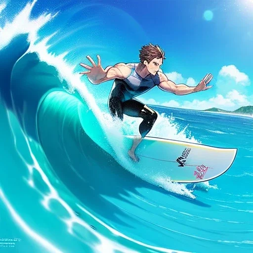 anime boy, surfer boy, surf, waves, perfect wave