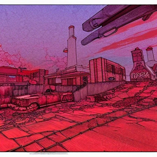  line Art coloured, destroyed, post apocalyptic, darkred tones,