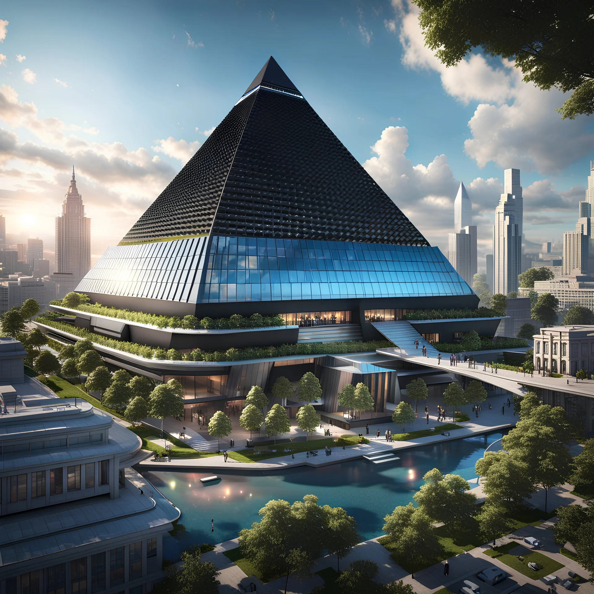 city in 2100, a large black iridescent pyramid building dominating the city :: 8K, 3D, Octane Render, VRay, Unreal Engine 5, Hyperdetailed, intricate, HDR, extremely realistic evolution of future architecture, photorealism, colourful, blue sky over a clean environment, award winning, crisp quality, masterpiece, fantastic view, digital art, airbrush art, ink drawing, sharp focus, high contrast, depth of field
