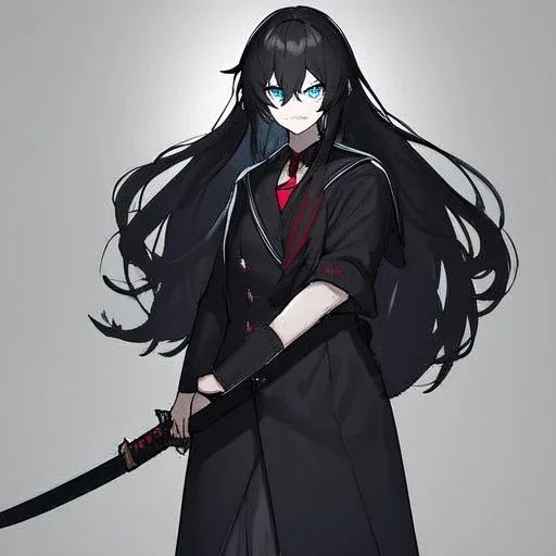 Clear focus, High resolution, long black fluffy hair, blue eyes, wearing a black sailor uniform, red tie, yandere, rough line sketch, dark aura, holding a katana, hair between eyes, 1girl, standing in grey sand, scary