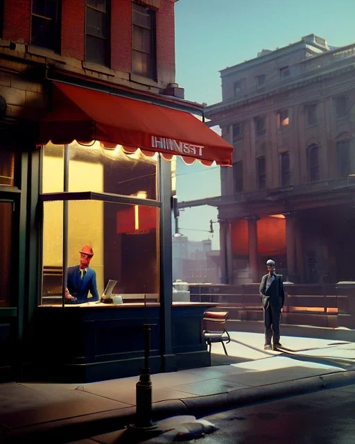 Scene, realistic image, Edward Hopper style, retro futuristic, concept art, smooth, unreal engine 5, god lights, ray tracing, RTX, lumen lighting, ultra detail, volumetric lighting, 3d.