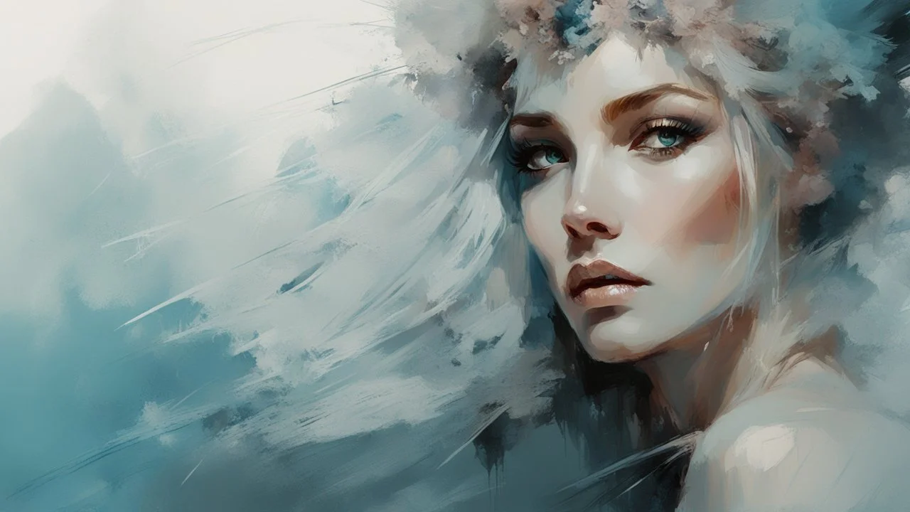 Ice goddess of love, sexy :: digital matt painting with rough paint strokes by Jeremy Mann + Carne Griffiths + Leonid Afremov, black canvas