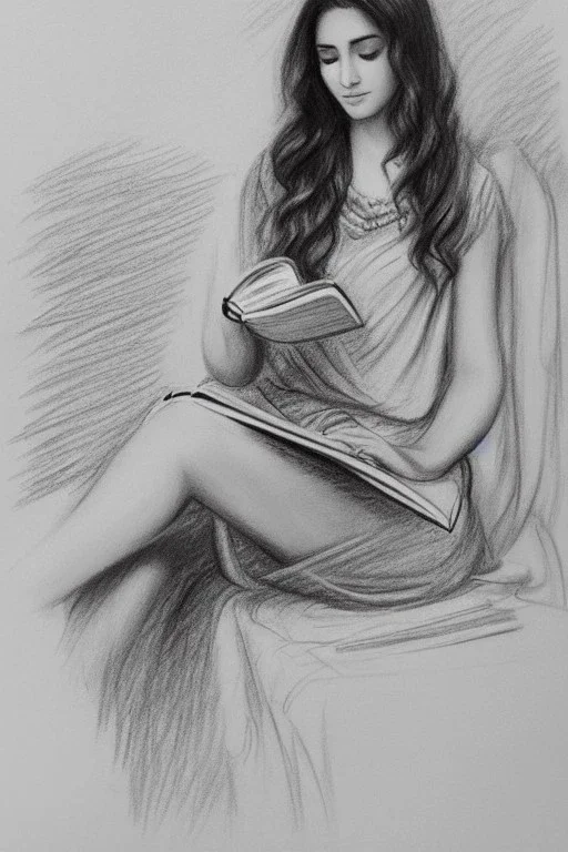 Pencil sketch of Young woman, Arab features,sad, long wavy hair, reading a book, full body، on lined paper