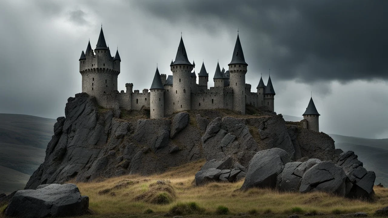 gloomy castle in the rocky fields