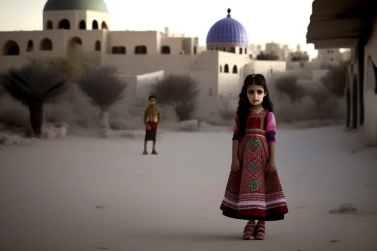 A five-year-old Palestinian girl wearing a traditional dress and new shoes looks to the side and points at a distant building.