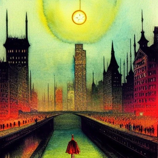 Metropolis Skyline , bright colours, watercolor, volumetric wool felting, macro photography, children illustration, by john atkinson grimshaw