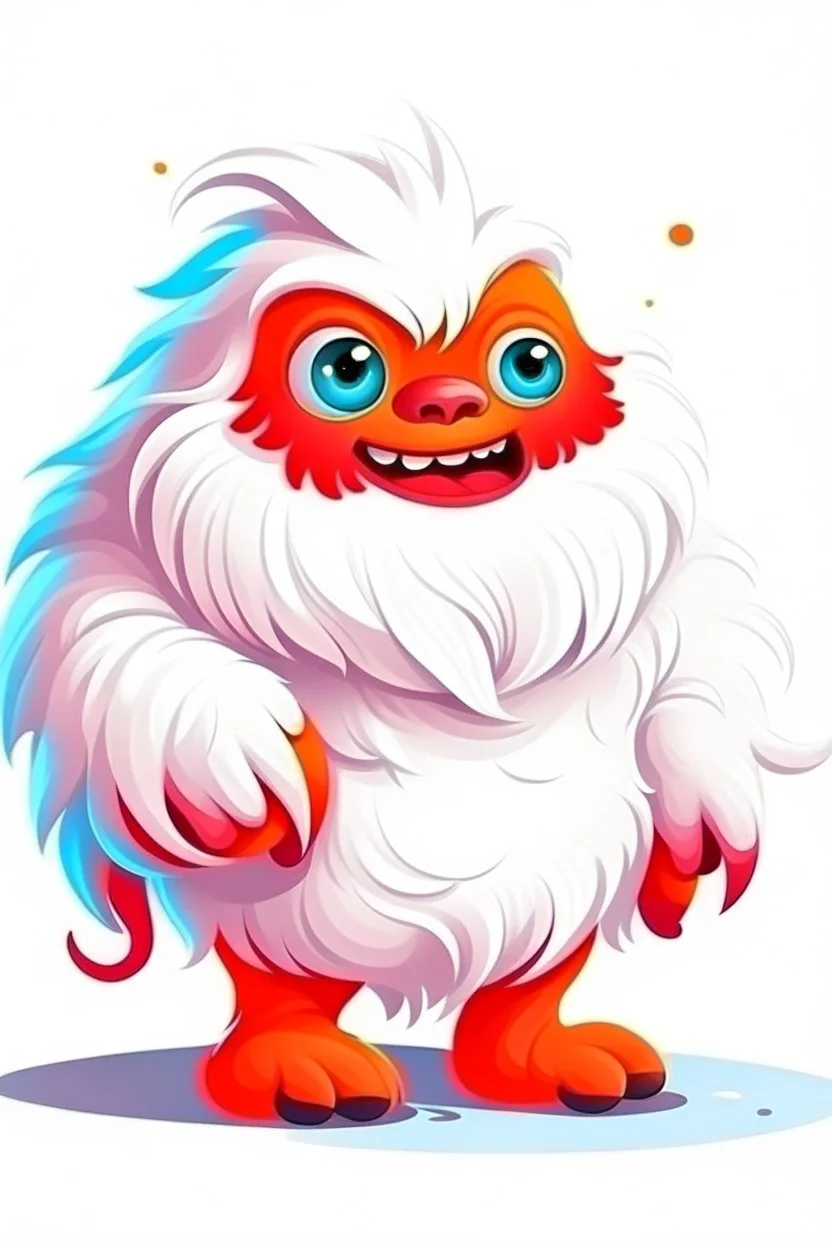 fantasy cartoon style illustration: small little cute yeti creature. Yeti has a red scarf.