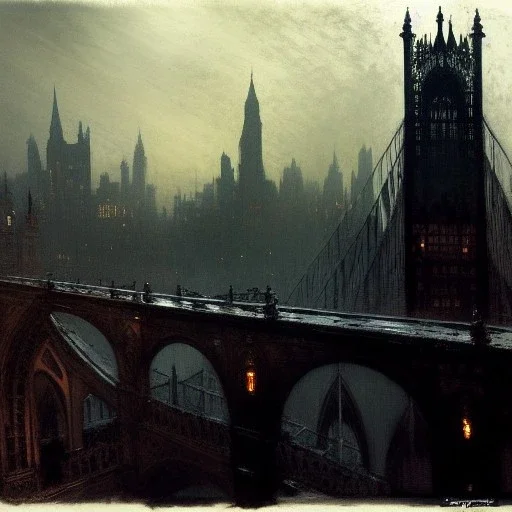 Skyline Gothic bridges between building,Bridges on rooftops, Gotham city,Neogothic architecture, by Jeremy mann, point perspective,intricate detailed, strong lines, John atkinson Grimshaw