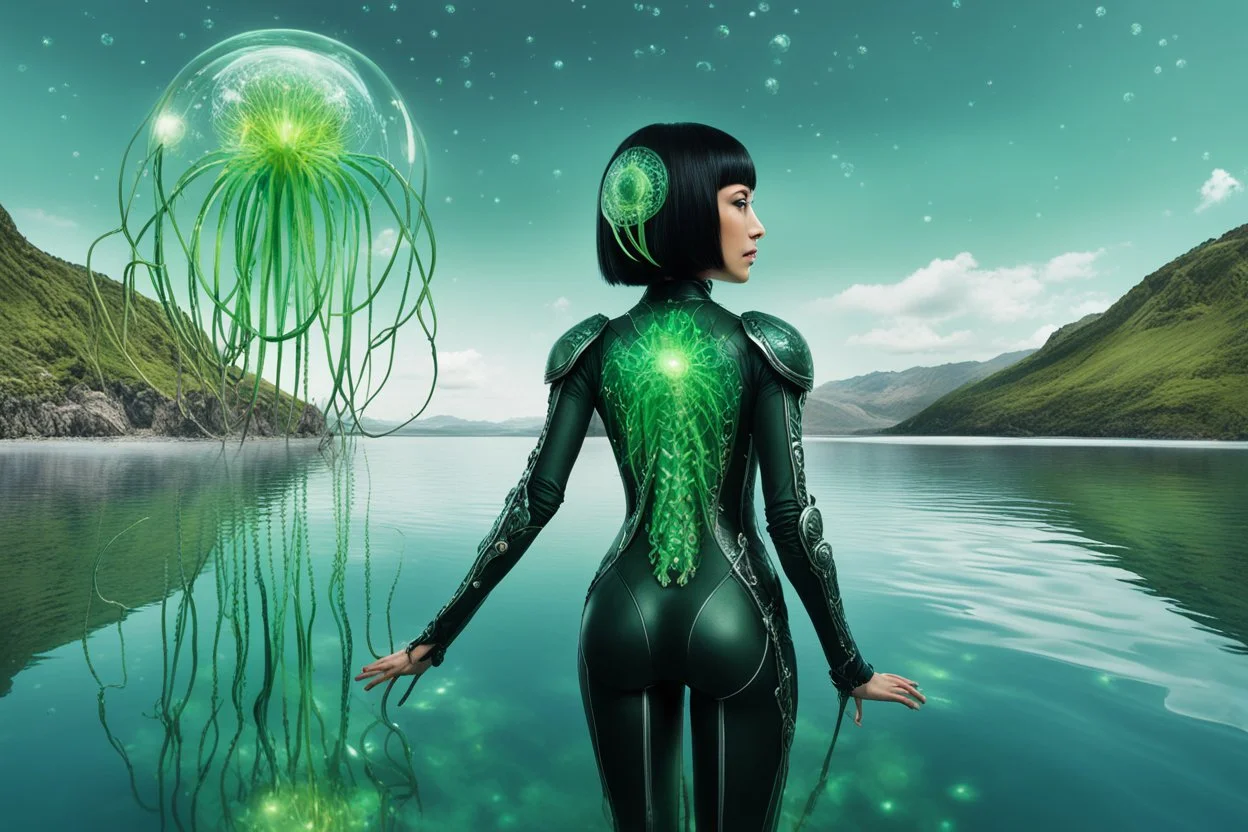 Depict an image of a thin, Hispanic woman featuring a black bob hairstyle, garbed in a uniquely designed android suit coloured green and silver. She gazes at a peculiar sight - dandelion heads that possess octopus-like tentacles, floating in the air. In the backdrop, there unfolds an extra-terrestrial panorama of a glass-like lake encircled by tall, slim cloud-like trees that seem mostly alien in their existence.