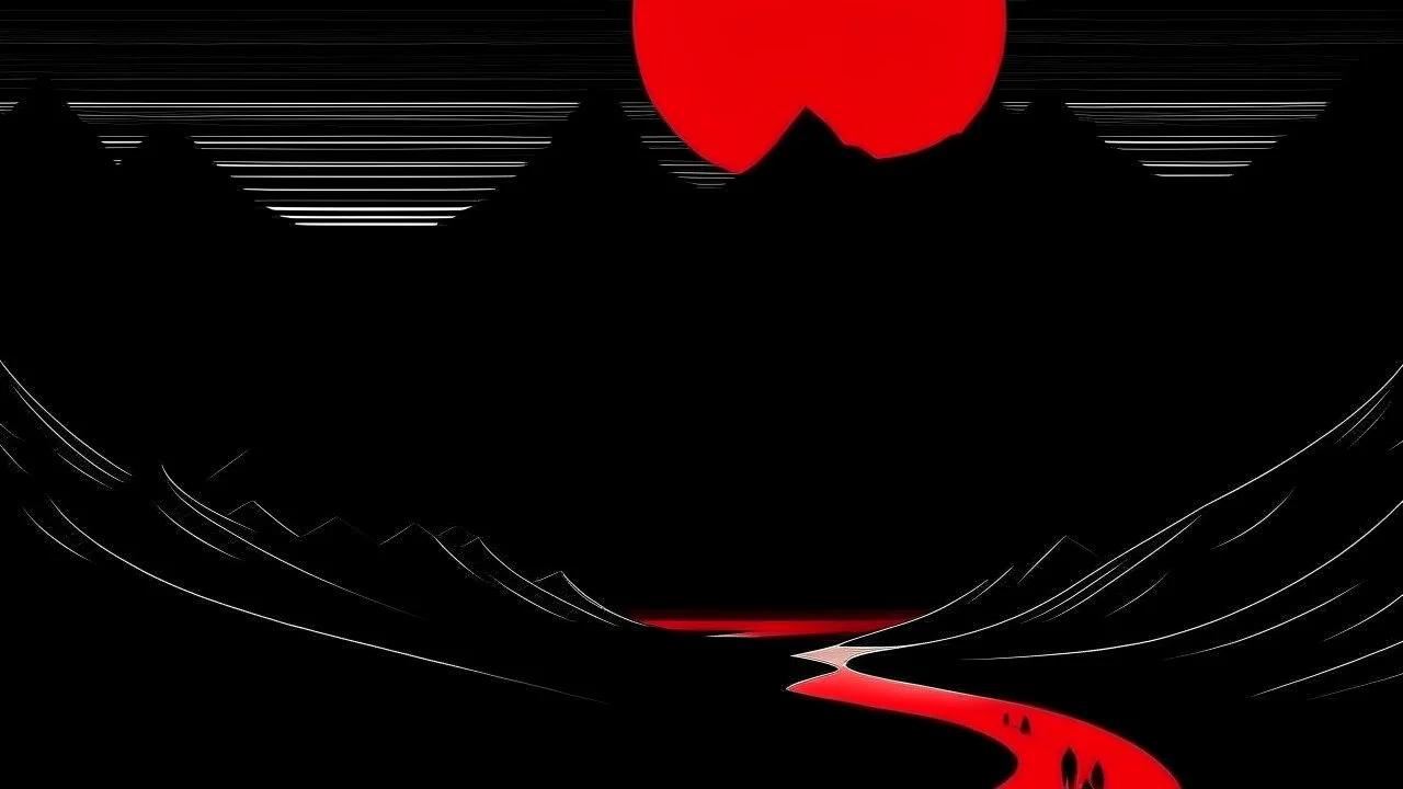 An almost black, ultra minimalist and abstract illustration of a red, black and white night desert landscape. Japanese samurai style.