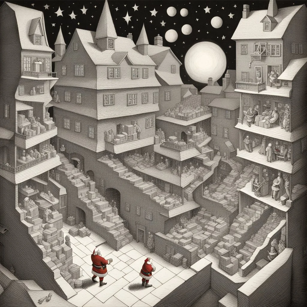 Santa Claus delivering presents to M. C. Escher