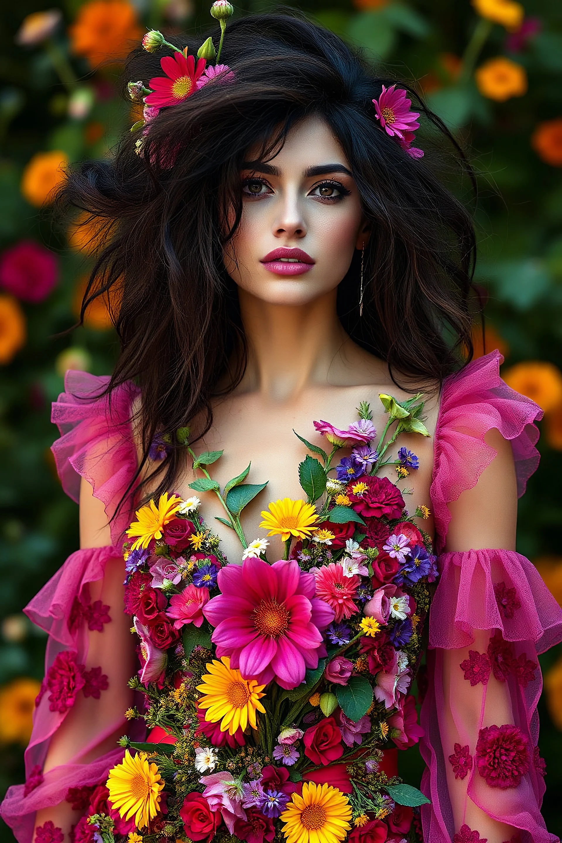 edgy Spanish flower goddess . messy thick long hair . She elegantly wears attire which are made only of flowers.