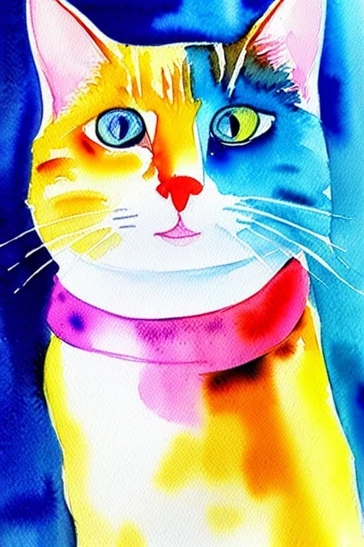 watercolor painting, happy cat, bright color,