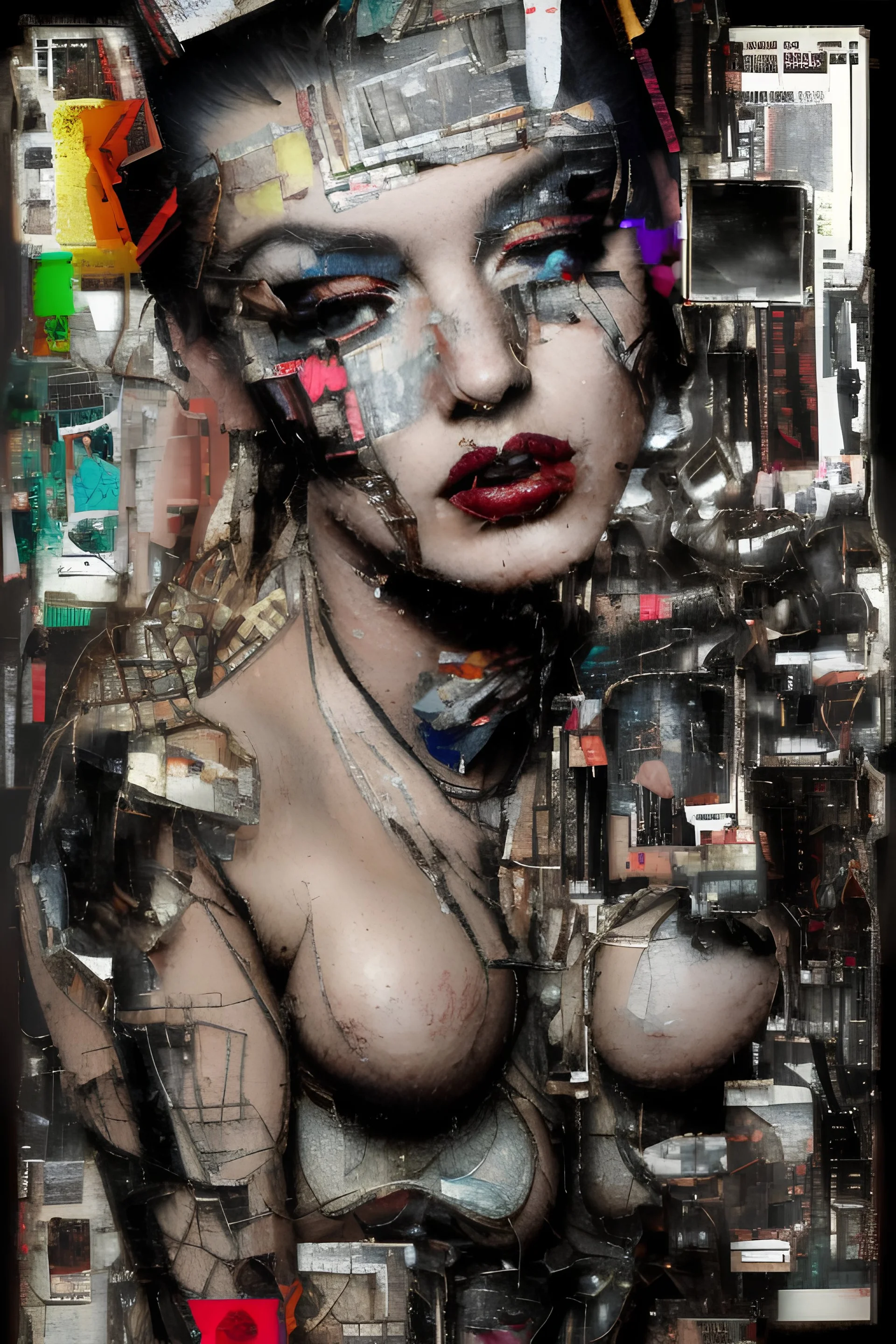 Ultra detailed medium portrait painting of a half naked woman sitting on a chair, no nudity, bended over, dark room with little light coming from an open door behind her, torn up collage of clippings, broken circuitry background, matrix effects, punk visual art, punk art aesthetic, graffiti art, pop surrealism, collage art, cluttered paint glitches