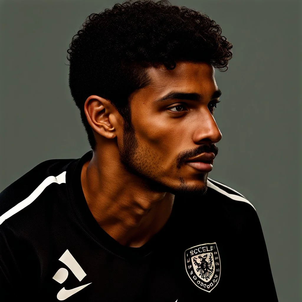 85mm DSLR color photography of a very detailed headshot fitting all of head and hair in frame. 23-year-old English soccer player, with black hair color and with facial hair and has a brown light skin tone with a small smile, grey background has a dangerous look to his face