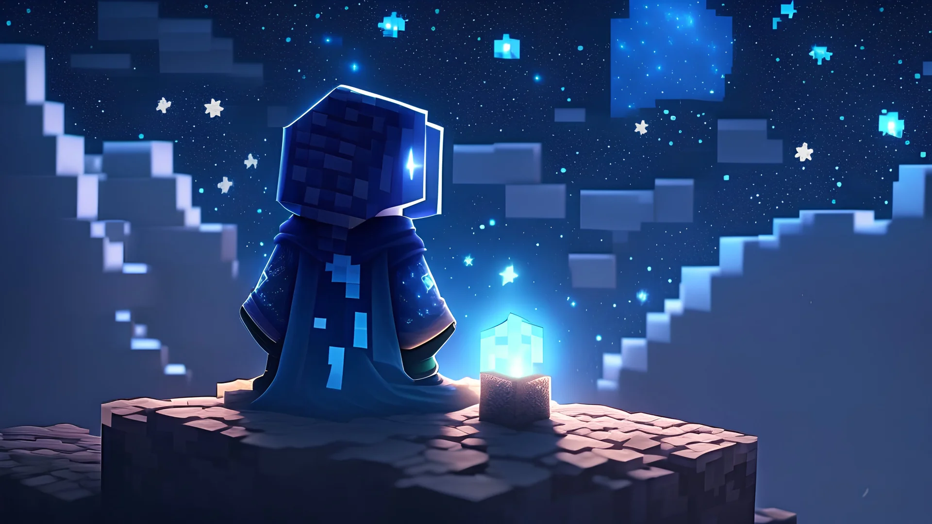 Minecraft Character, minecraft theme, purple starry sky, meditating, aesthetic, facing back, character wearing robes,