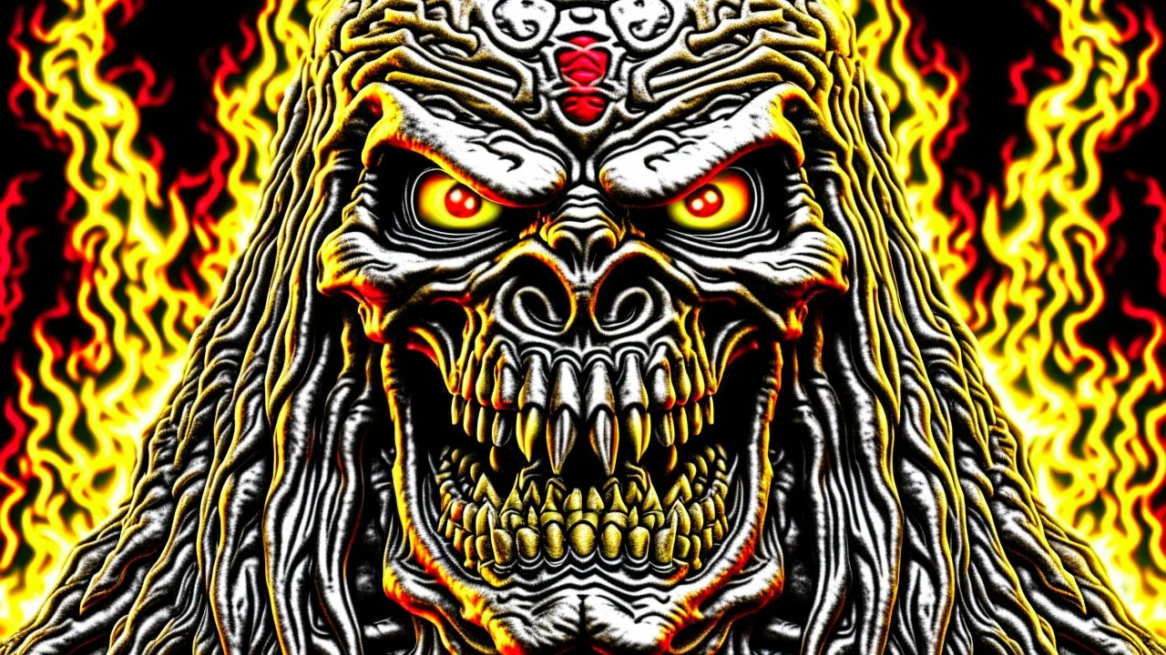 4K, ultra detail, full realism, portrait of Iron Maiden logo, full face, flames in the background